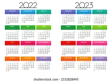 Calendar 2022 2023 years editable template, week start sunday with colored square months. Vector illustration