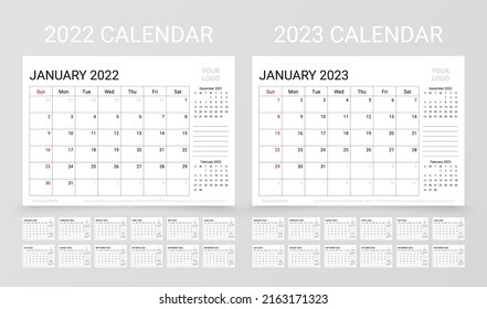 Calendar for 2022 2023 years. Planner calender template. Week starts Sunday. Yearly stationery organizer with 12 month. Table schedule grid. Horizontal monthly diary layout. Vector simple illustration svg