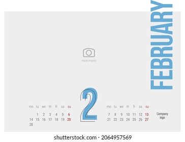 Calendario 2022 2do mes Febrero moderno línea de luz negra condensada tipografía azul claro landsape calendario de pared comienza el lunes diseño creativo de ideas