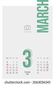 Calendar 2022 3rd month March modern black light line condensed typography desk wall calendar starts monday creative idea design