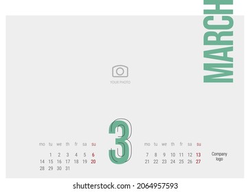 Calendar 2022 3rd month March modern black light line condensed sea green typography landsape desk wall calendar starts monday creative idea design