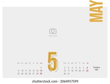 Calendar 2022 5th month May modern black light line orange condensed typography landsape desk wall calendar starts monday creative idea design