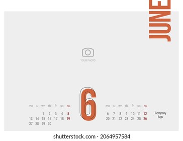 Calendar 2022 6th month June modern black light line condensed orange typography landsape desk wall calendar starts monday creative idea design