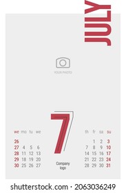 Calendar 2022 7th month July modern black light line condensed typography desk wall calendar starts monday creative idea design