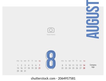 Calendar 2022 8th month August modern black light line condensed blue typography landsape desk wall calendar starts monday creative idea design