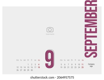 Calendar 2022 9th month September modern black light line condensed violet typography landsape desk wall calendar starts monday creative idea design