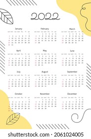 Calendar 2022 With Abstract Elements And Line. Vertical One Sheet With All Monthes. Week Start On Sunday. A4 A3 A2 A5. Vector Illustration In Trendy Style In Pastel Yellow Color. Minimalistic Design