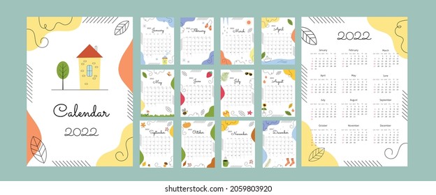 Calendar 2022 with abstract elements and lines. Square grid. Week start on Sunday. Set of 12 months, cover and one sheet of the year. Template for A4 A3 A5 size. Vector illustration in trendy style 