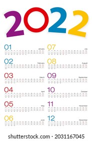 Calendar 2022, All month, 2 weeks line. Vector Illustration.
