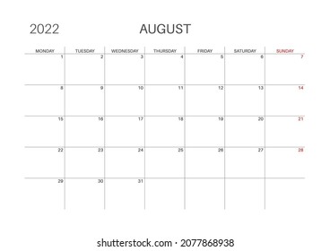 Calendar 2022. August month. Monday week start. Printable calendar template for planners. Week number. Minimalist style.