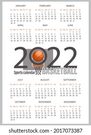 Calendar 2022. Basketball. Vector template design with week start on Sunday. Set 12 months.