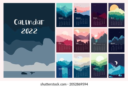 Calendar 2022. Beautiful minimalist landscape. Vector illustrations.