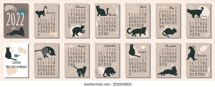 Calendar 2022 with black cat.Cute hand drawn kittens in boho style.Template in size A4.Vertical format. Week starts on Monday.Abstract stains and astrology.Set of 12 sketch animals.New year card