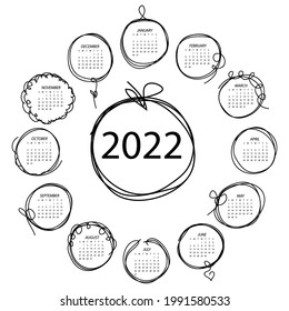 Calendario 2022. Plantilla vectorial en blanco y negro con marcos redondeados en estilo doddle. La semana comienza el domingo. Marcos de línea continuos.