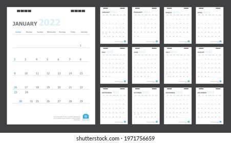 Calendar for 2022 blue background