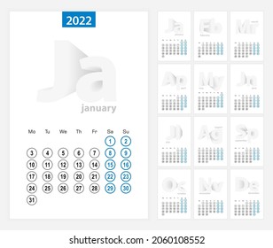 Calendar 2022, blue circle design. English language, week starts on Monday