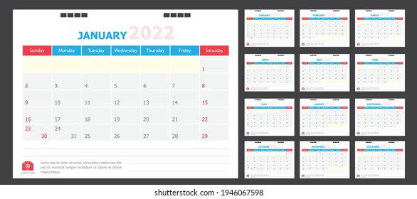 Calendario para 2022 fondo azul y rojo