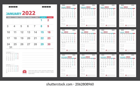 Calendar for 2022 blue and red background