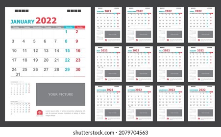 Calendar for 2022 blue and red background