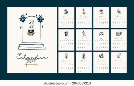 Calendar 2022, Boho Aesthetic Design  Calendar template. Editable calendar page template Vector Illutration.