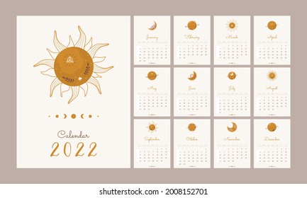 Calendar 2022 with boho celestial elements. Abstract aesthetic vector illustration. Template in scandinavian style.