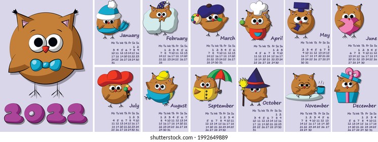 Calendar for 2022 with cartoon cute owl. Vector illustration in color