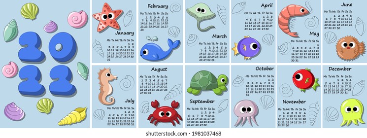 Calendar for 2022 with cartoon cute underwater animals