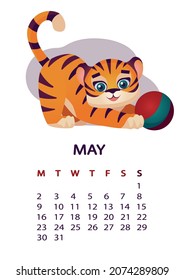 Calendar for 2022. The character is a tiger. Symbol of the year. Eastern calendar. Month, week, year. Vector images.