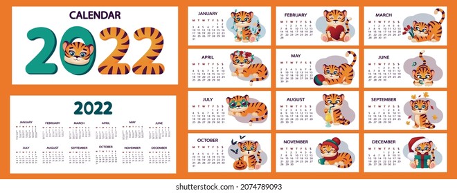 Calendar for 2022. The character is a tiger. Symbol of the year. Eastern calendar. Month, week, year. Vector images isolated from each other.