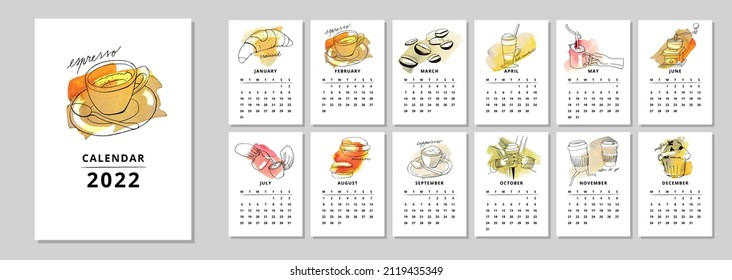 Calendar 2022. Coffee elements illustrations. Cafe objects. Watercolor abstract smudges design.