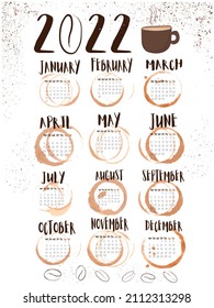 calendar for 2022 with coffee stains, stylish wall calendar with coffee stains for each month in a vertical format
