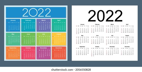 Calendar 2022. Colorful set. Week starts on Sunday. Vector template collection. Basic grid. Isolated illustration.