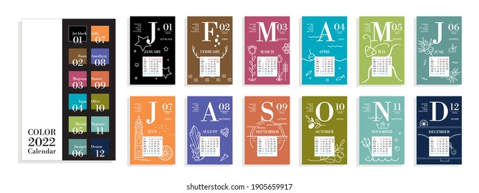 Calendar For 2022. Concept Idea: Letter Of Month = Letter Of Color. For Example, March = Mangenta. Each Sheet Contains: Color Name, Color Code, Numerical Color Ratio In Cmyk And Rgb. 12 Sheets + Cover