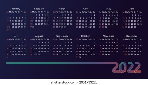 Calendar 2022 creative colored lines design. Vector illustration calendar with week start Sunday corporate planner template on dark blue background for desktop organizer