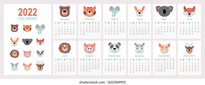Calendar 2022 with cute animals. Vector illustration in a flat style