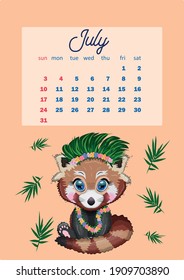 Calendar 2022 with cute cardboard animals for every month. Tiger, snow leopard, red panda, cat, hippo, owl, lion, hare, fox, hamster, cow. vertical calendar, week starts on Sunday. A4 format.