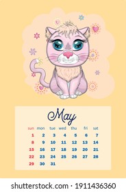 Calendar 2022 with cute cardboard animals for every month. Tiger, snow leopard, red panda, cat, hippo, owl, lion, hare, fox, hamster, cow. vertical calendar, week starts on Sunday. A4 format.