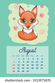 Calendar 2022 with cute cardboard animals for every month. Tiger, snow leopard, red panda, cat, hippo, owl, lion, hare, fox, hamster, cow. vertical calendar, week starts on Sunday. A4 format.