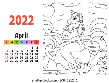 Calendar for 2022 with a cute character. Fairy unicorn. Coloring page. Fun and bright design. Isolated color vector illustration. cartoon style.