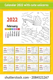 Calendar for 2022 with a cute character. Fairy unicorn. Coloring page. Fun and bright design. Isolated color vector illustration. cartoon style.