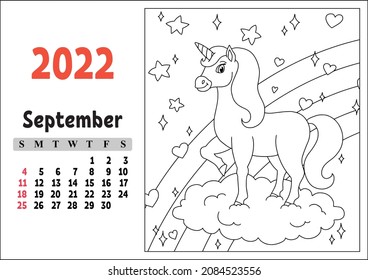 Calendar for 2022 with a cute character. Fairy unicorn. Coloring page. Fun and bright design. Isolated color vector illustration. cartoon style.