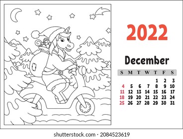 Calendar for 2022 with a cute character. Fairy unicorn. Coloring page. Fun and bright design. Isolated color vector illustration. cartoon style.