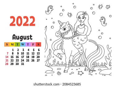 Calendar for 2022 with a cute character. Fairy unicorn. Coloring page. Fun and bright design. Isolated color vector illustration. cartoon style.