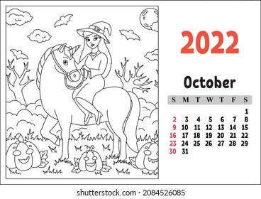 Calendar for 2022 with a cute character. Fairy unicorn. Coloring page. Fun and bright design. Isolated color vector illustration. cartoon style.