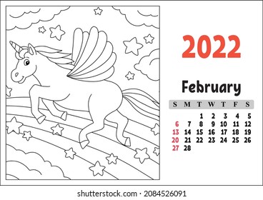Calendar for 2022 with a cute character. Fairy unicorn. Coloring page. Fun and bright design. Isolated color vector illustration. cartoon style.