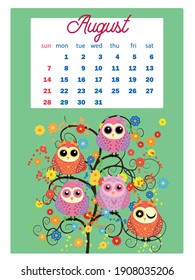 Calendar 2022. Cute calendar with funny cartoon owls. Cute owls and birds for every month. Wall vertical calendar for 2022, the week starts on Sunday. A4 format.