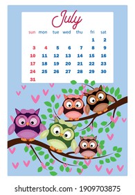 Calendar 2022. Cute calendar with funny cartoon owls. Cute owls and birds for every month. Wall vertical calendar for 2022, the week starts on Sunday. A4 format.