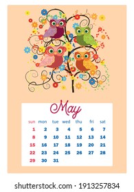 Calendar 2022. Cute calendar with funny cartoon owls. Cute owls and birds for every month. Wall vertical calendar for 2022, the week starts on Sunday. A4 format.