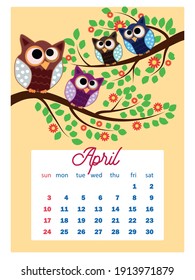 Calendar 2022. Cute calendar with funny cartoon owls. Cute owls and birds for every month. Wall vertical calendar for 2022, the week starts on Sunday. A4 format.