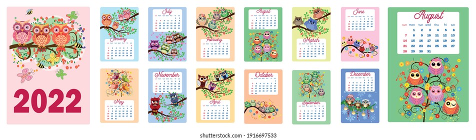 Calendar 2022. Cute calendar with funny cartoon owls. Cute owls and birds for every month. Wall vertical calendar for 2022, the week starts on Sunday. A4 format.